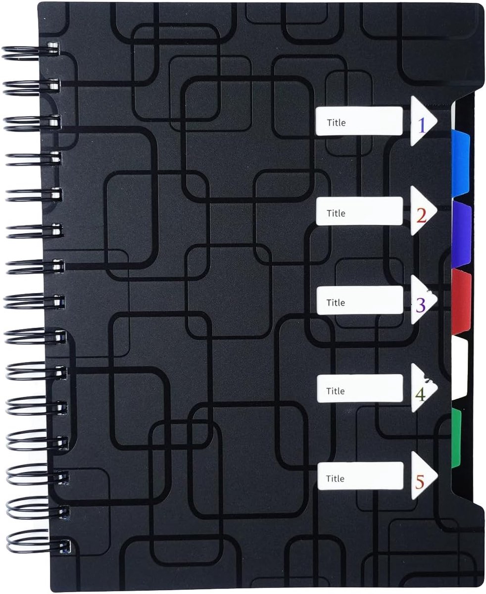 240 Pagina's Collegeblok A5 Gelinieerd Notitieboek met Register, Notitieblok Spiraalmat met Verdeler in 5 Kleuren, Notitieboek met Register A5 voor Werk, School, Notities, Studenten (Zwart)