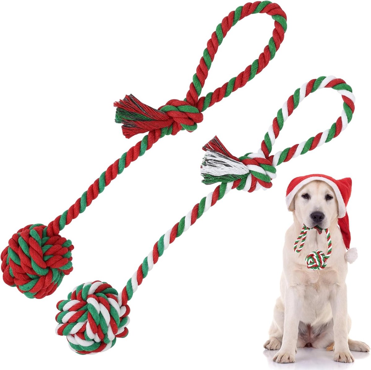 Touwbal voor honden, 2 stuks, kauwballen van gevlochten katoen, voor honden, tandreiniging (rood, groen, wit)