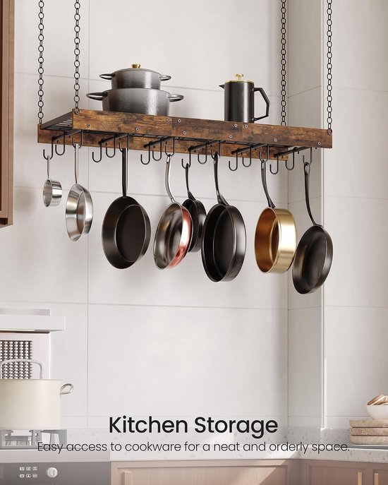 Hangende pottenrek, aan het plafond wandmontage pannenrek voor keuken, pannenhanger in industriële stijl met 18 haken, opbergorganizer voor kookgerei voor potten en pannen, rustiek bruin en — afbeelding 3