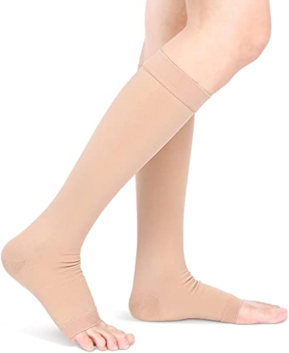 Sokken voor Heren Dames, Open Teen Compressiekousen, 20-30 MmHg Gegradueerde Ondersteuning Knie Hoge Kuit Compressiemouwen voor Zwangerschap Reizen Werk Spataderen(L-Huid)