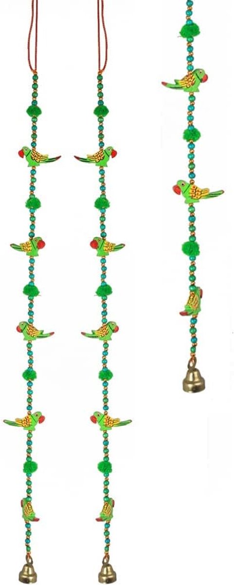 Set of 2 Door Hanging 5 Wooden Birds Tota Parrot String with Bell Wall Hanging for Indian Traditional Festival Decorations for Home Wall Hanging Temple Bedroom Room New year Decor(Size:-30" Approx.)