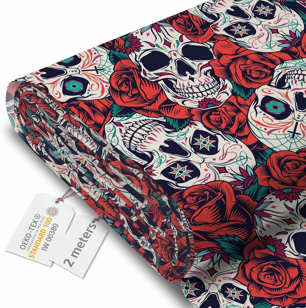 Stof per meter, Red Roses Skull, 2 m | Oxford canvas, waterdicht, bekledingsstof per meter, 220 g/m² 600D, 160 cm breed, voor buiten & decoratie