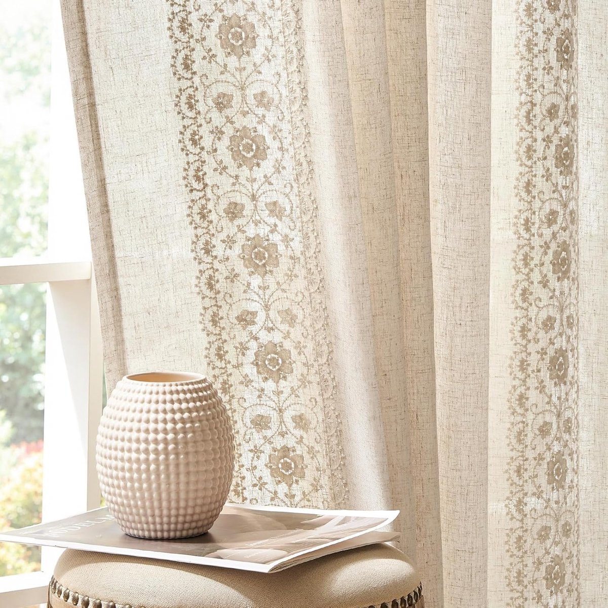Gordijnen woonkamer linnenlook 140 x 245 cm set van 2 bloemen gordijnen slaapkamer moderne gordijnen beige met stangdoorgang kinderkamer gordijn boho vintage lichtdoorlatend landhuisstijl