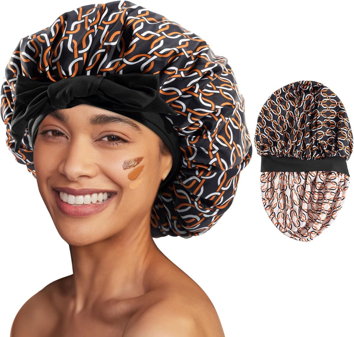 Satijnen bonnet, nachtmuts voor dames en meisjes, zijden haarhoofdwikkel voor meisjes, tieners, krullen, vlechten, lang haar, lockkettingen print, Lock Kettingen, One size-L
