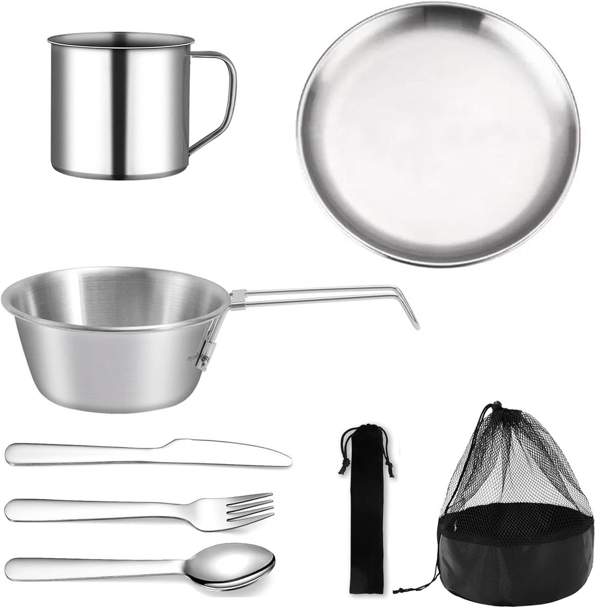8-delig, voor camping, picknick, bestek, campingservies, 1 persoon, campingservies, campingaccessoires, roestvrij staal