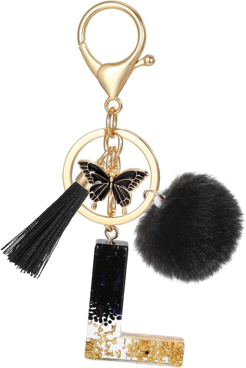 Alfabet sleutelhanger met beginletters, naam sleutelhanger met kwastje vlinder hanger pom pom voor vrouwen, zwarte hars goudfolie pailletten sleutelhanger charme voor deur auto sleutel handtas