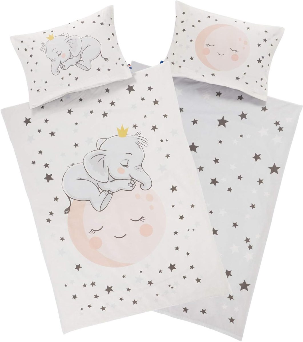 Kids beddengoed 100-135 cm jongens, meisjes kinderen met olifant, sterren en maan, grijs-wit van katoen met YKK ritssluiting, omkeerbare baby-kinderbeddengoedset met olifantenmotief, kleurrijk