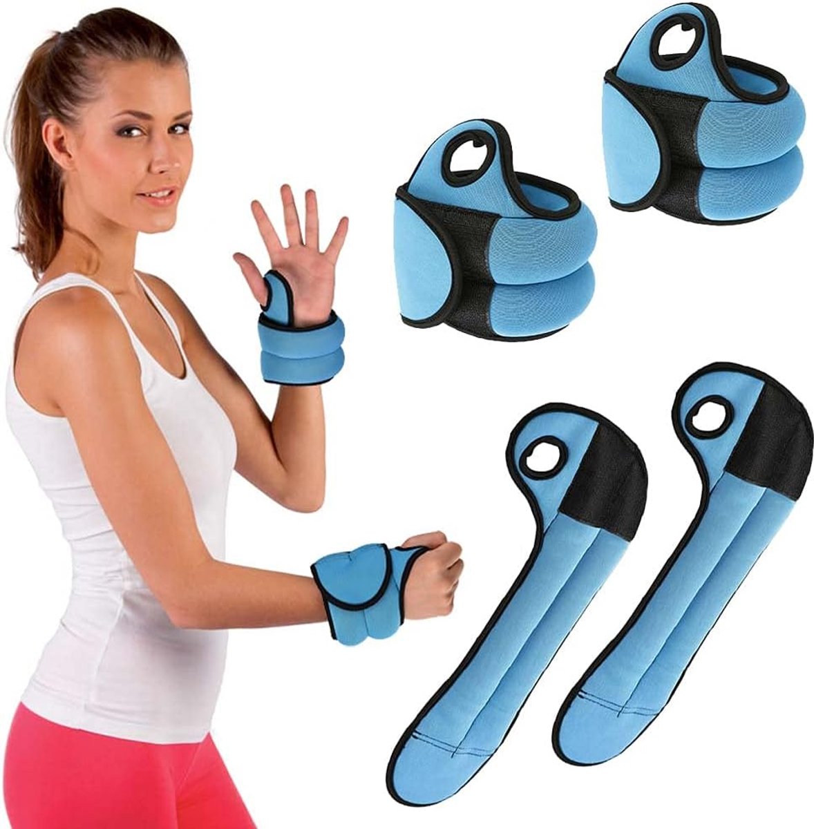 Set van 2 gewichten voor polsen, 1 kg, training, fitnessstudio, aerobic, fitness, spieropbouw, van neopreen, met duimgat, verstelbare klittenbandsluiting, totaal gewicht 2 kg, lichtblauw
