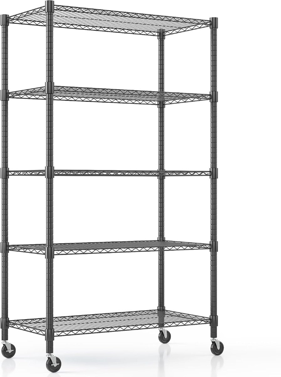 5-laags draadstelling met wielen en stelpoten, in hoogte verstelbaar metalen opbergrek, staande opbergrekken voor wasruimte, badkamer, keuken, voorraadkast, 90 * 45 * 208CM, Zwart
