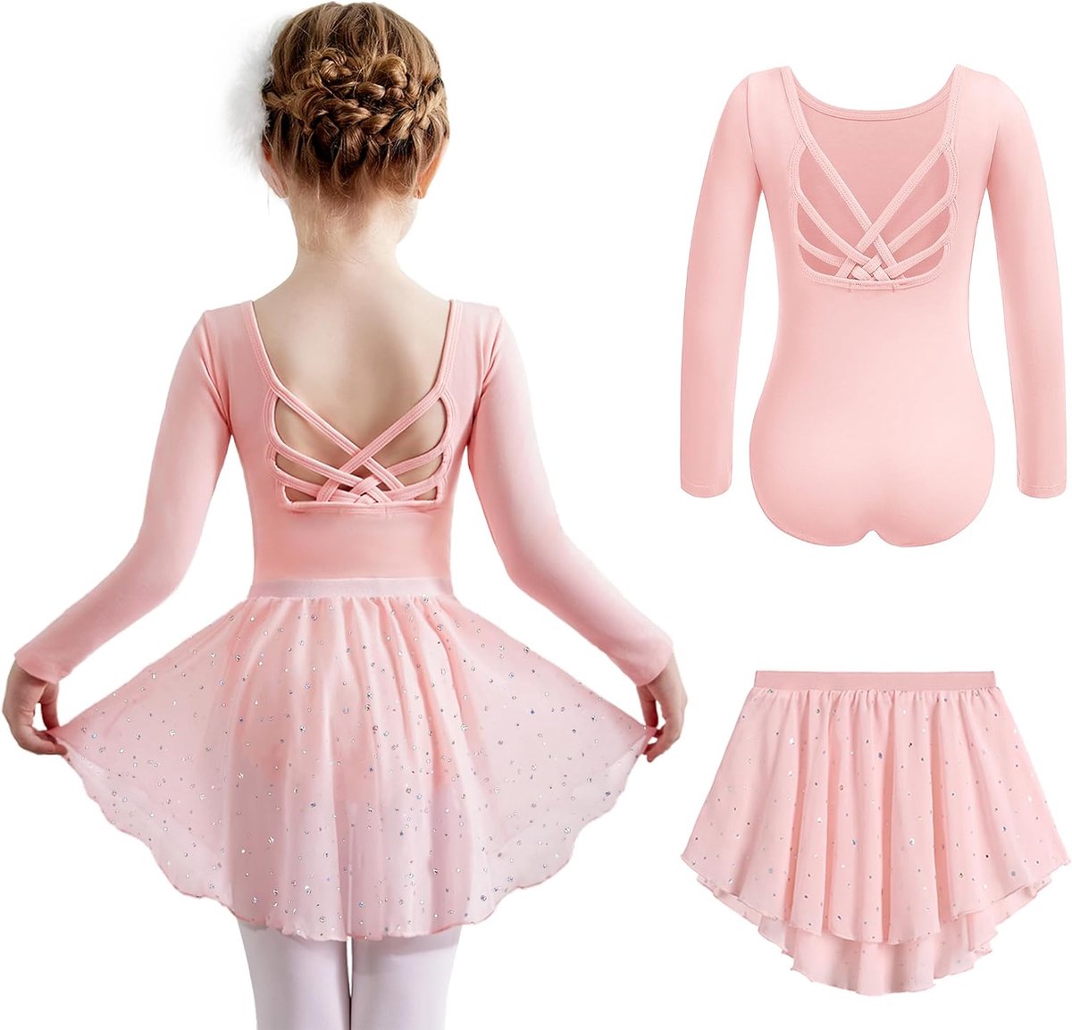 Balletkleding voor meisjes, 2-10 jaar, lange mouwen, balletjurk, tweedelige kinderen, katoen, dansjurk, rugvrij, balletshirt met tutu, balletpak, dansshirt voor peuters, ballerinajurk met