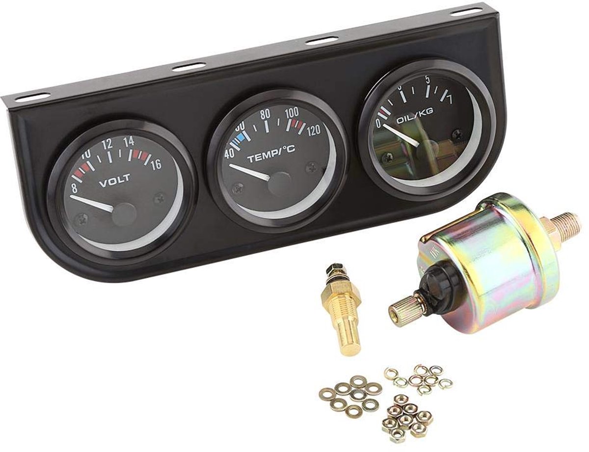 52 mm Autogage zwarte console olie-/volt-/watermeter met roestvrij staal, drievoudige meterset voor autotruck