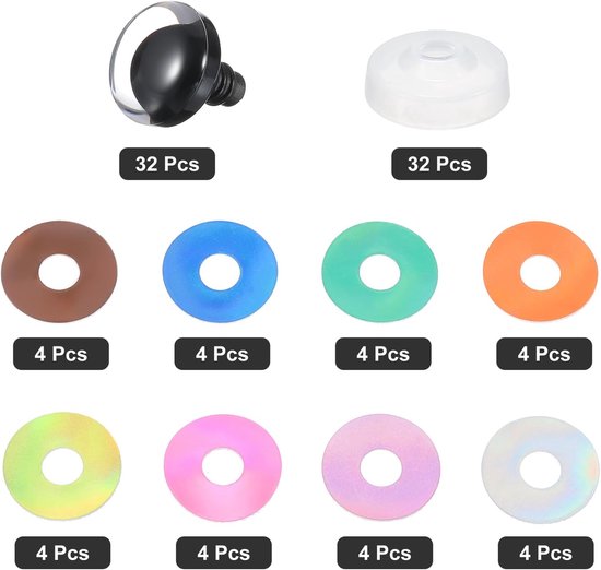 Ogen, 32 Stks Maan Pop Ogen Realistische Kleurrijke Haken Veiligheid Ogen voor Decor Haak Accessoires Poppen Craft Halloween, 8 Kleuren — afbeelding 2
