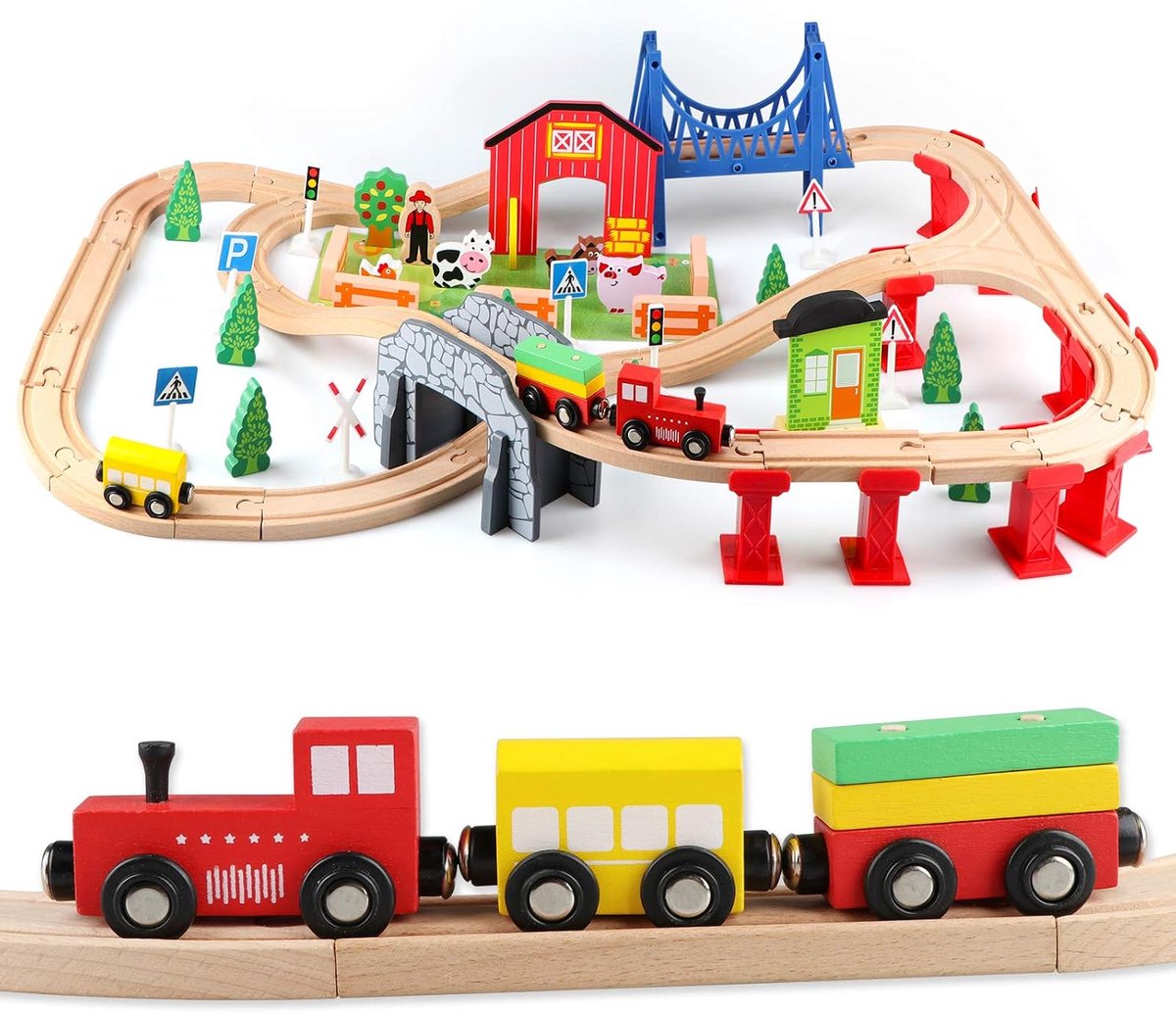 80 STKS Houten Auto Tracks Set Magnetische Treinen Schuur op Boerderij Thema Educatieve Bouw Speelgoed voor Kids 3+Jaar Oude Meisjes Jongens