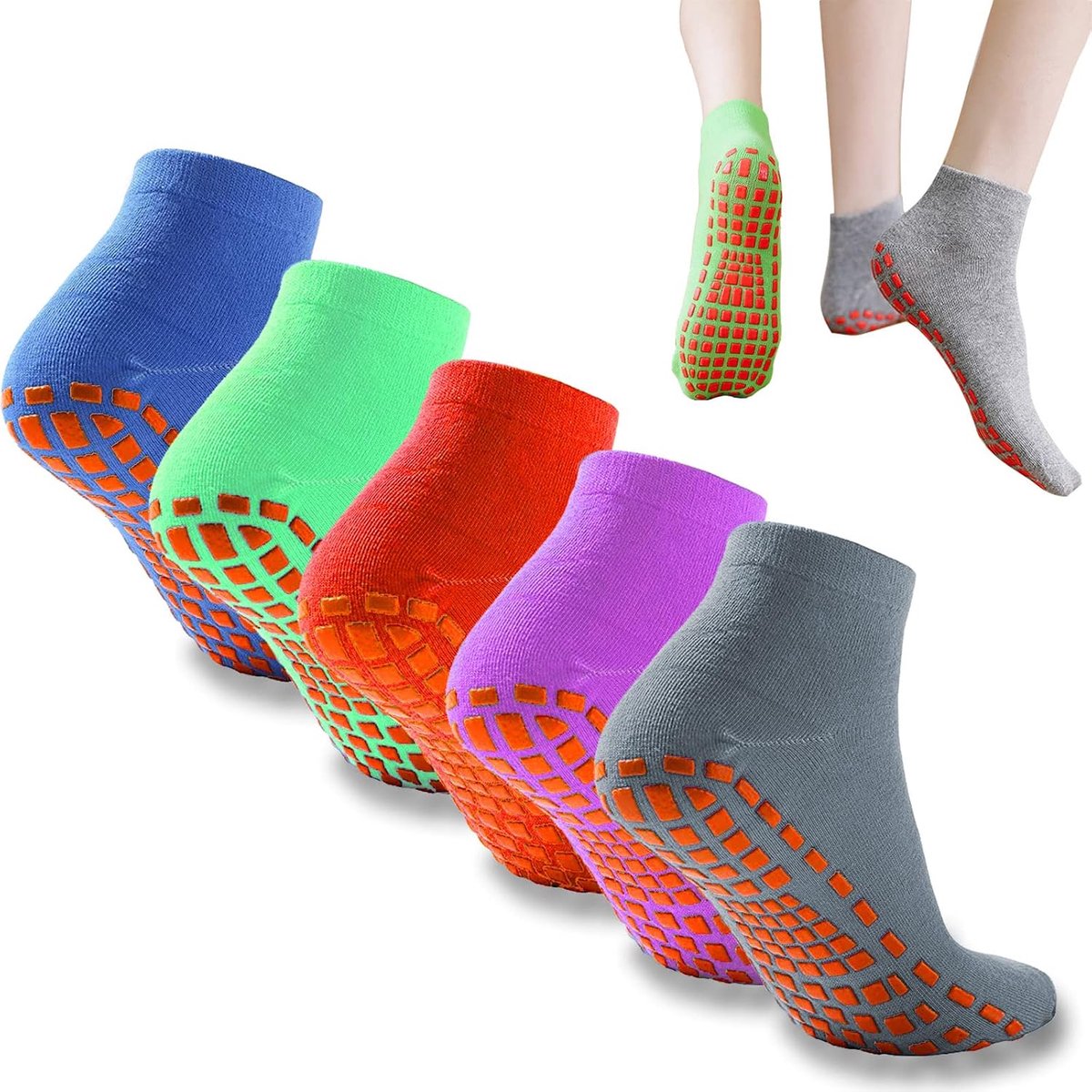 Sokken, 5 paar antislip sokken, voor dames en heren, yogasokken, pilatessokken, voor yoga, pilates, ballet, aerobics en fitnesstraining