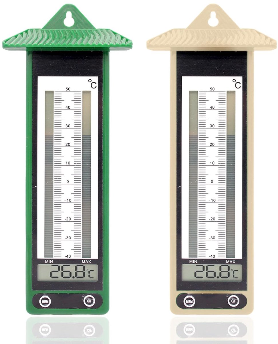 Thermometer voor buiten, voor tuin, digitaal display, extreme temperaturen (-40 °C / +50 °C), 22 cm x 9 cm, beige en groen, 2 stuks