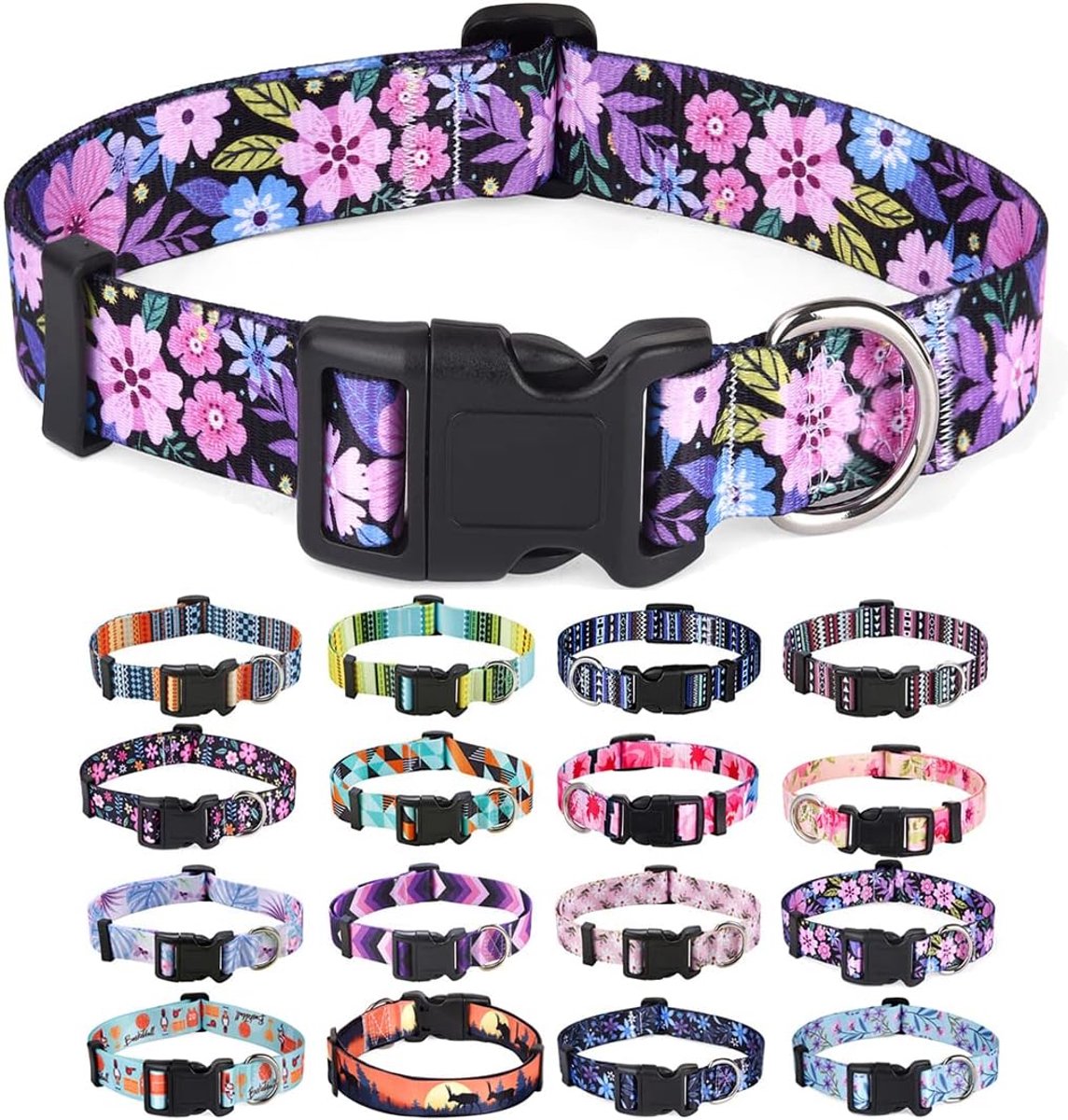Zachte halsband voor honden, met bloemmotieven, verstelbaar, voor kleine, middelgrote of grote honden (roze bloemen, L)