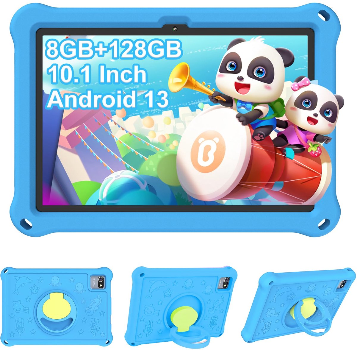 SnelShoppen - Kindertablet 10.1 inch Android 13 voor Kinderen, Schokbestendige Beschermhoes, 8 GB RAM, 128 GB ROM, 6000 mAh, Ouderlijk Toezicht, Dubbe