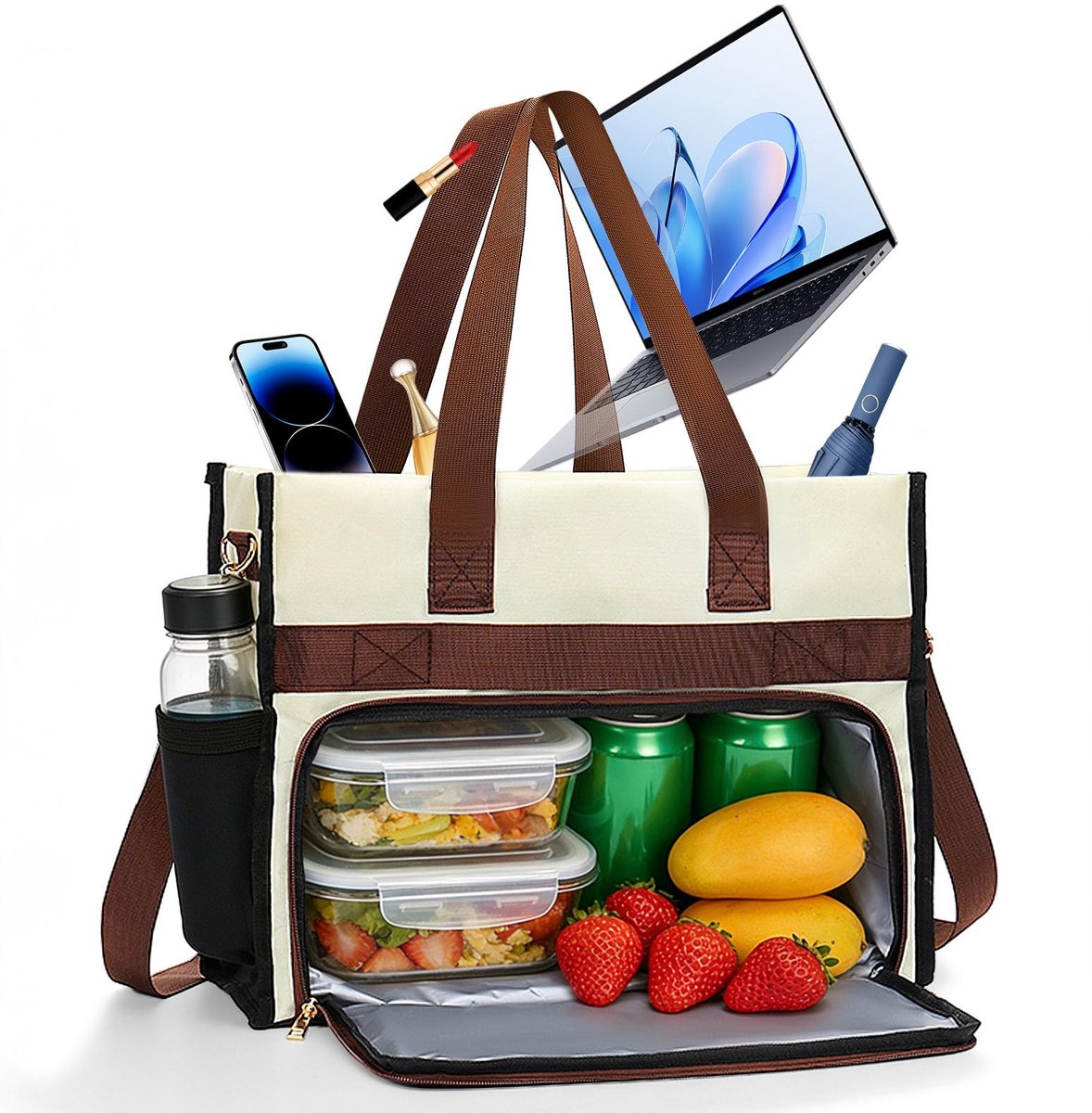SnelShoppen - 2-in-1 geïsoleerde handtas voor dames met laptopvak 15,6 inch, waterdichte boodschappentas, lunchtas voor werk en reizen, perfect voor k
