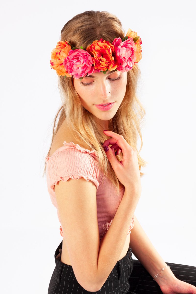 KIMU® Bloemenkrans Haar Pioenrozen Oranje Roze Hawaii - Koraal Bloemen Haarband Diadeem - Krans Bloemetjes - Elf Bruiloft Festival
