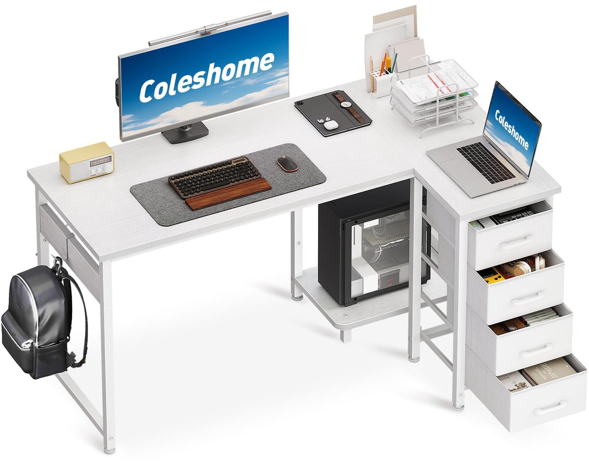 SnelShoppen - Coleshome Hoekbureau 120x70cm L-vormig bureau met 4 laden, Reversibel computerbureau voor Kantoor en Slaapkamer in Wit, Modern en Ruimte