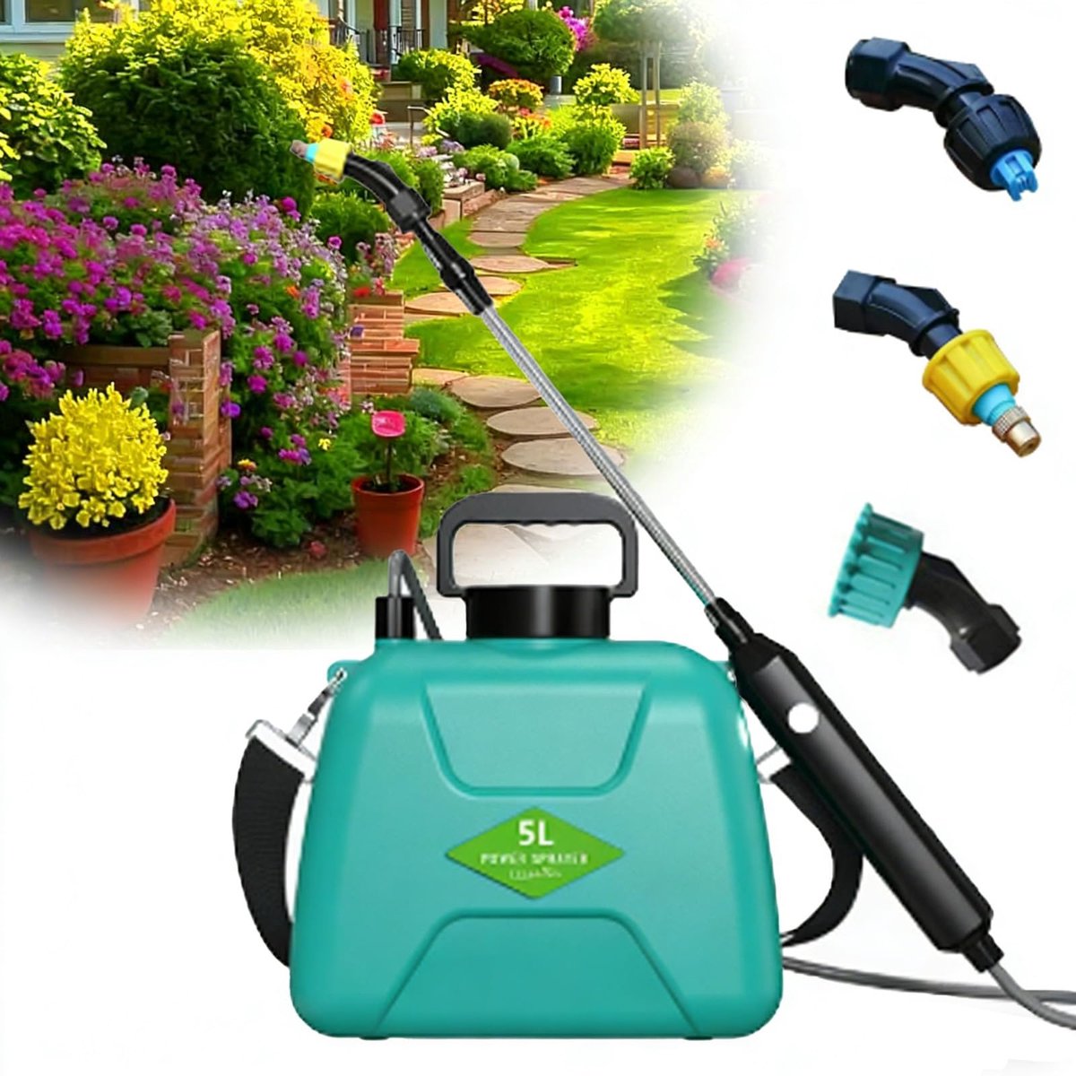SnelShoppen - Accu-drukspuit 5 liter - Elektrische Plantensproeier met 3 Sproeimodi, Sproeisnelheden, 60 cm Telescoopstang voor Tuin, Onkruidbestrijdi