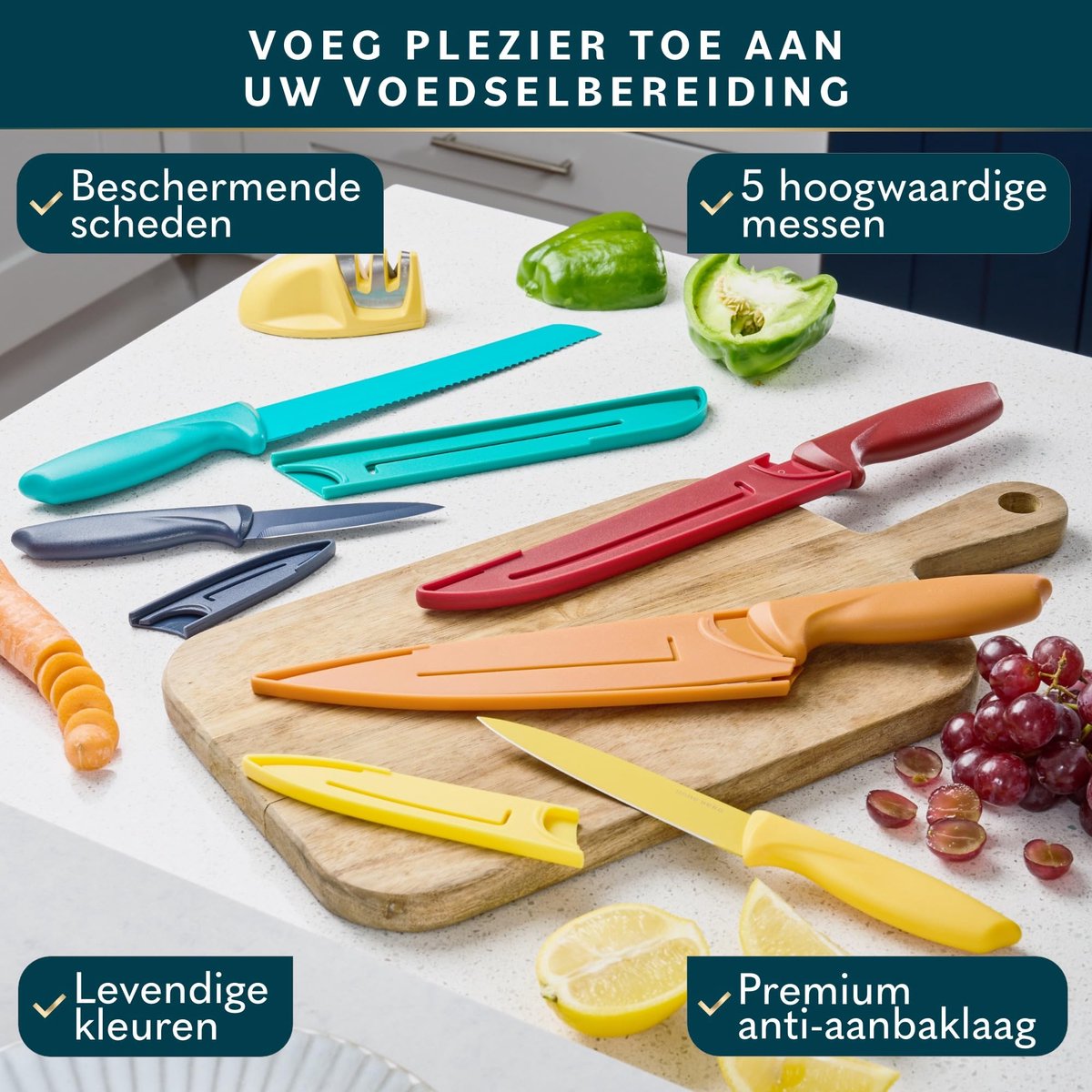SnelShoppen - Keukenmessenset 11 delig - Hoge Koolstof Roestvrijstalen Messen met Ergonomische Handgrepen en Keramische Anti-aanbaklaag - Meerkleurig