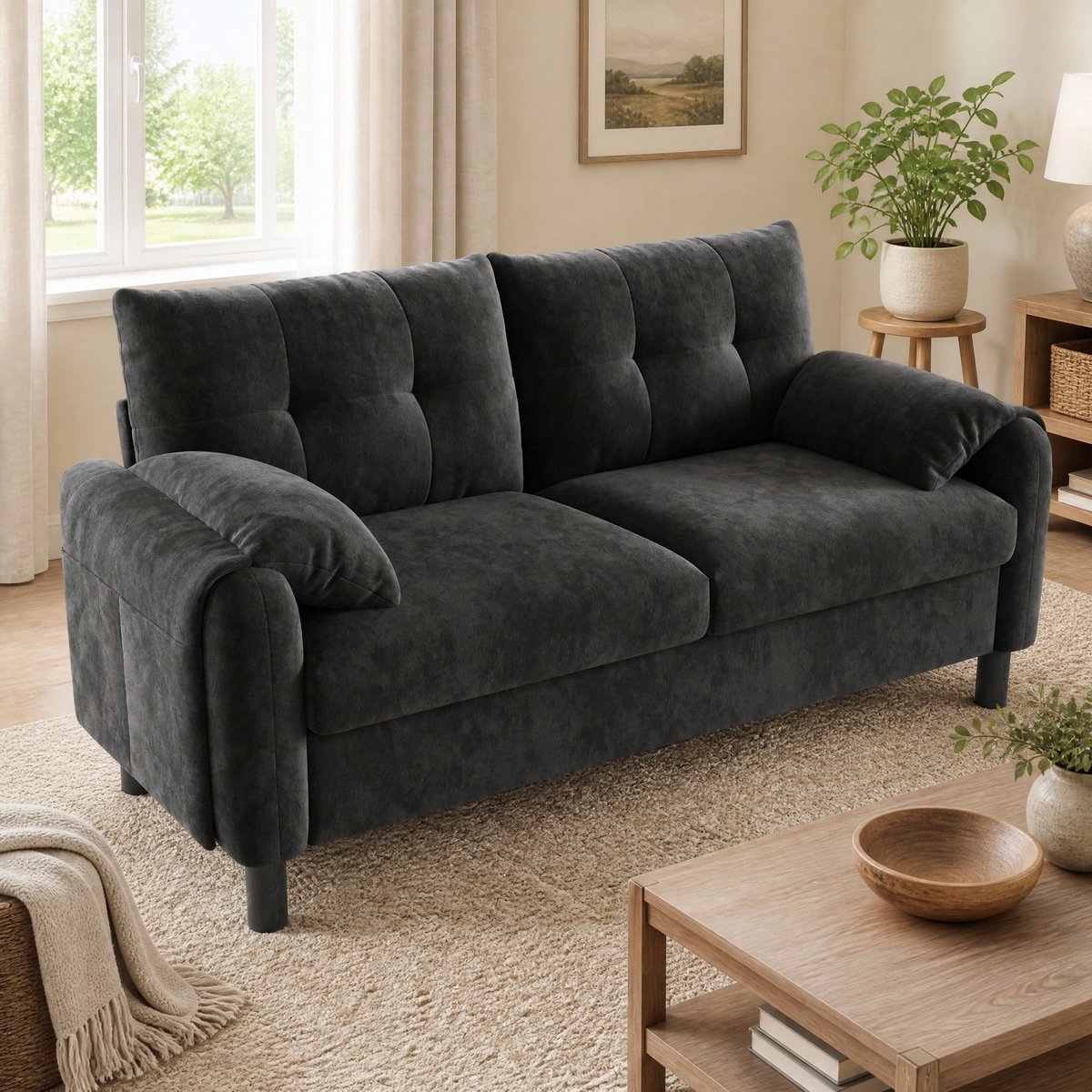 COVREO 2-zits bank 158x80x88,5 cm - grijs chenille, met zijvakken en 2 kussens