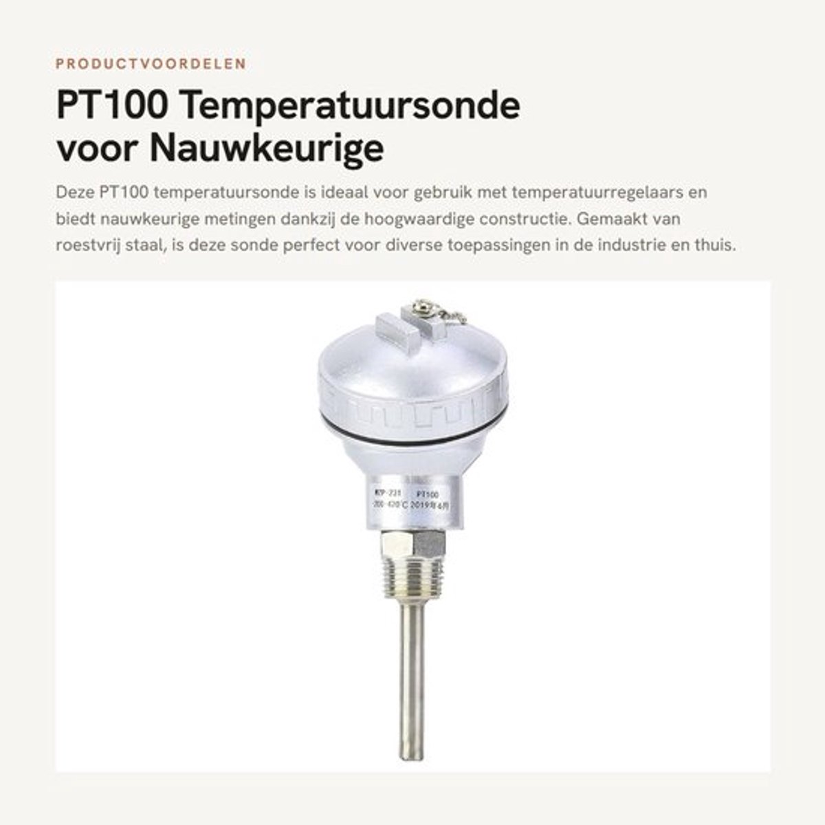 Temperatuursonde - PT100 Temperatuursensor - Roestvrij Staal - 1/2" NPT Draad - Temperatuurbereik -200 tot 420 ℃ - Eenvoudige installatie
