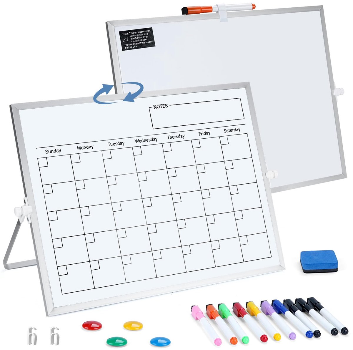 SnelShoppen - Dubbelzijdig Magnetisch Whiteboard met Standaard 40x30 cm - Afwasbare Maandplanner en Kalender - 360 Graden Draaibaar Bureau Bord voor K