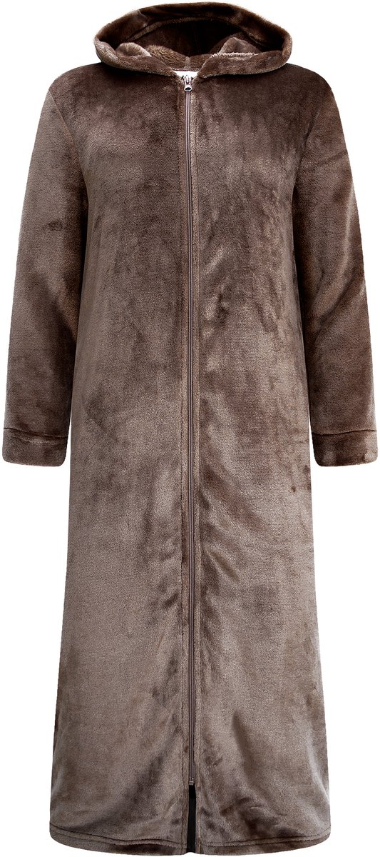Extra Lange Dames Rits Badjas met Capuchon en Zijzakken - Ochtendjas - Superzacht Coral Fleece - Koffiebruin - Maat S/M - 8206-Coffee