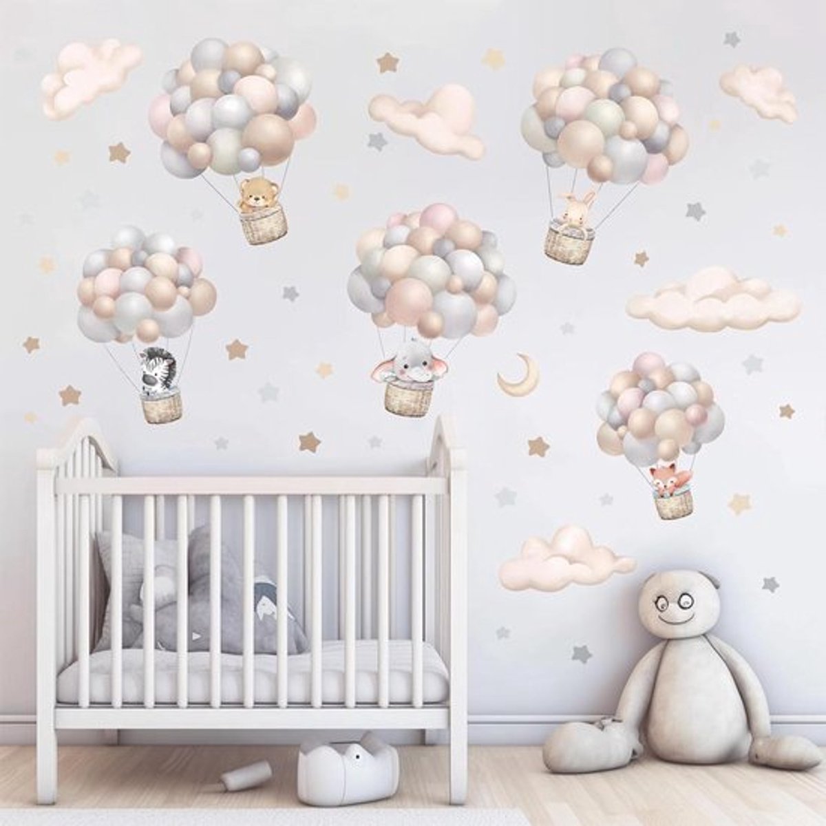Muurstickers Dier Thema met Maan en Wolken voor Baby- en Kinderkamer - Decoratieve Sterren en Ballon Stickers - Peel en Stick Ontwerp