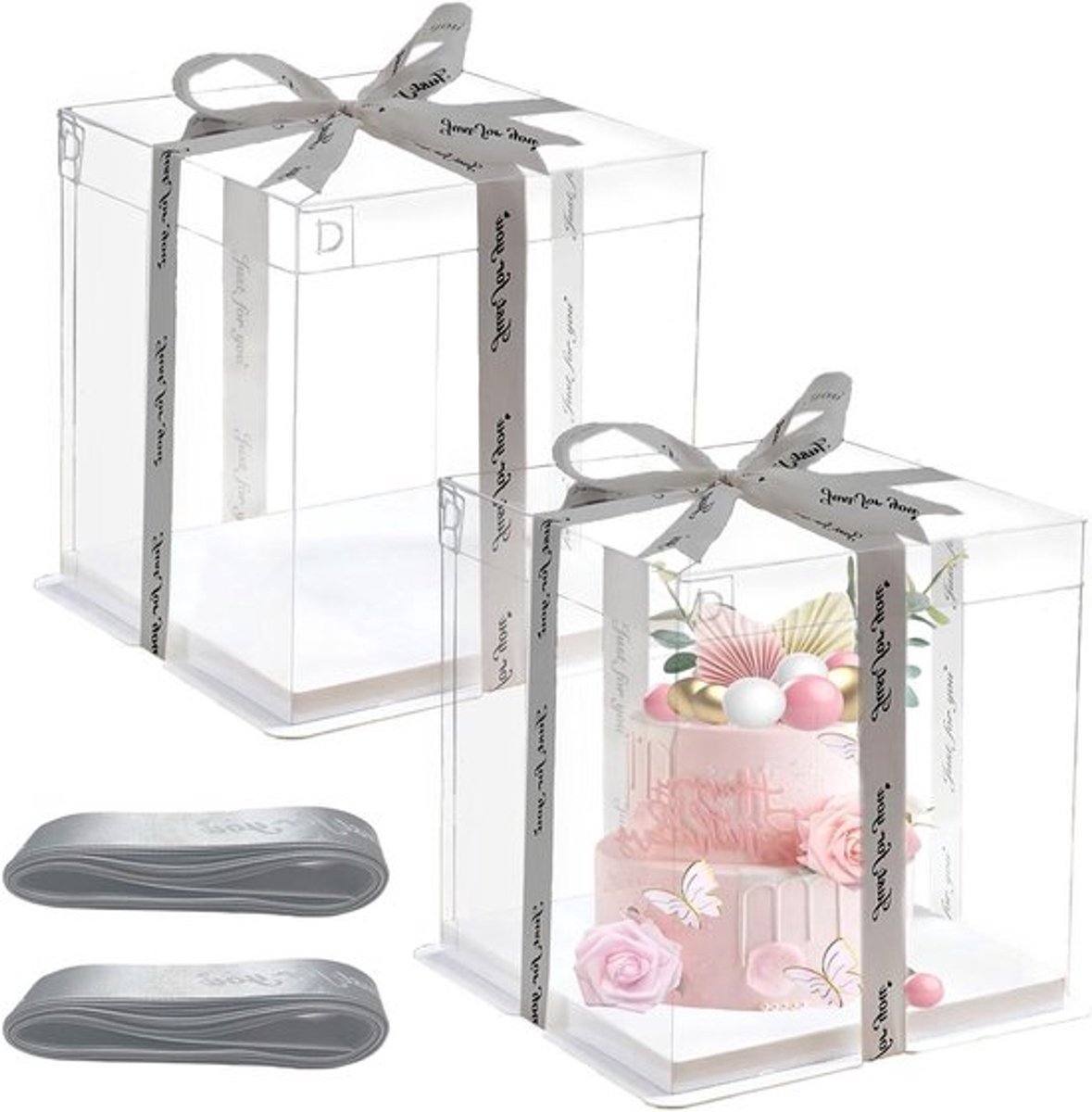 Taartdozen Set van 2 - Transparante Taartdozen 30x30x25 cm - Geschenkdozen met Sokkel en Lint - Verjaardag en Dessert Transportdozen