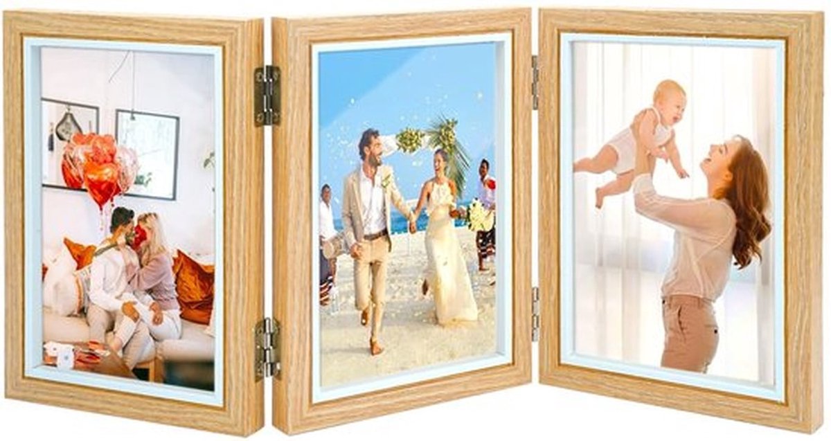 - Houten Fotolijst - Drievoudige Collage - Vouwbaar Ontwerp - 10 x 15 cm - Voor Herinneringen - Geschikt voor Trouwen en Verjaardagen