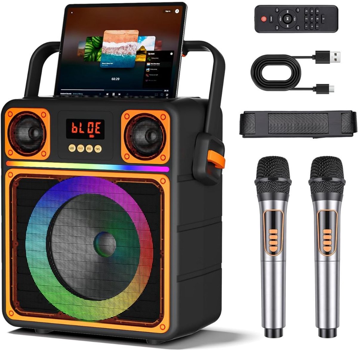 SP® Karaokeset - Draagbare Bluetooth Speaker met 2 Draadloze Microfoons - Feestverlichting - Zwart/Oranje - 2cm x 8cm x 9cm