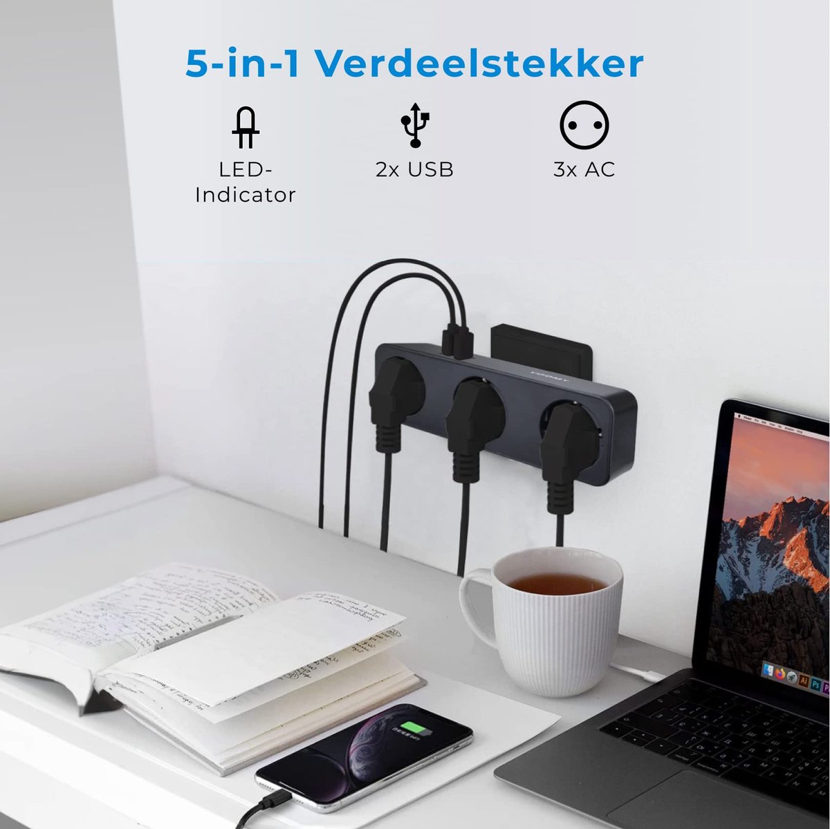 SnelShoppen - 5-in-1 Verdeelstekker met 3-voudige Stopcontact Splitter, 2 USB Poorten, 4000W Verdeeldoos met Overspanningsbeveiliging, Zwart voor Thui