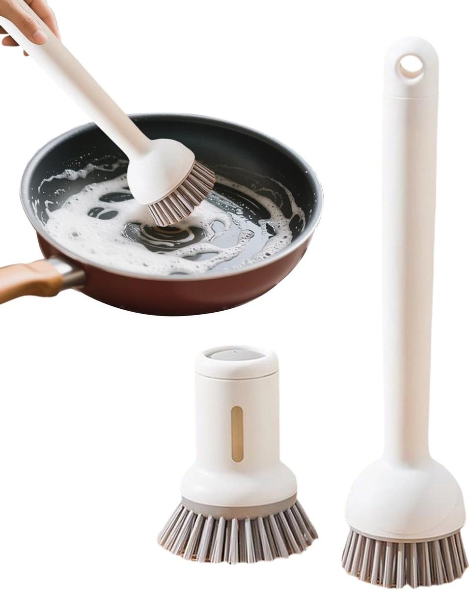 Afwasborstel Zeepdispenser - Keuken Schrobber - Gootsteen Schoonmaken - Verstelbare Kop - 28 cm Lengte - Beige