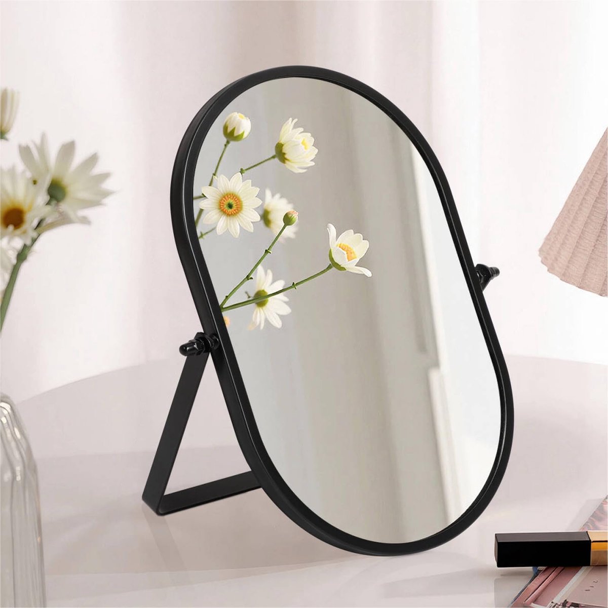 SnelShoppen - Gosider Make-upspiegel Ovaal Zwart Metalen Frame Draagbaar Eenzijdig Draaibaar Hoogglans Staande Spiegel voor Make-uptafel Badkamer Slaa