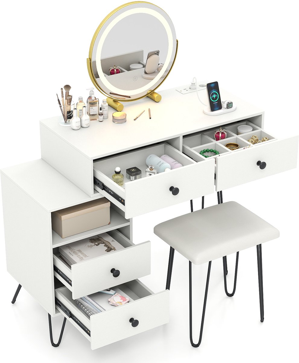 COSTWAY Grote kaptafel met kruk en LED-verlichting spiegel, Make-up tafel incl. stopcontact, draaibare spiegel, 4 uittrekbare laden & open vak, voor moderne slaapkamers, kleedkamers, 98x40x120cm, wit