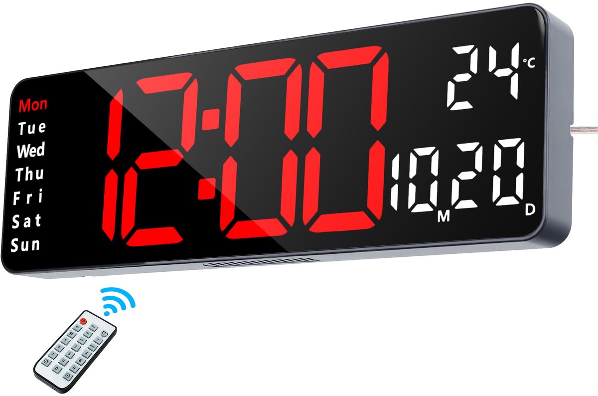 SnelShoppen - Digitale Wandklok met Afstandsbediening - 13 Inch LED-Display - Instelbare Helderheid - Aftellen en Timer - Temperatuur en Datum - Voor