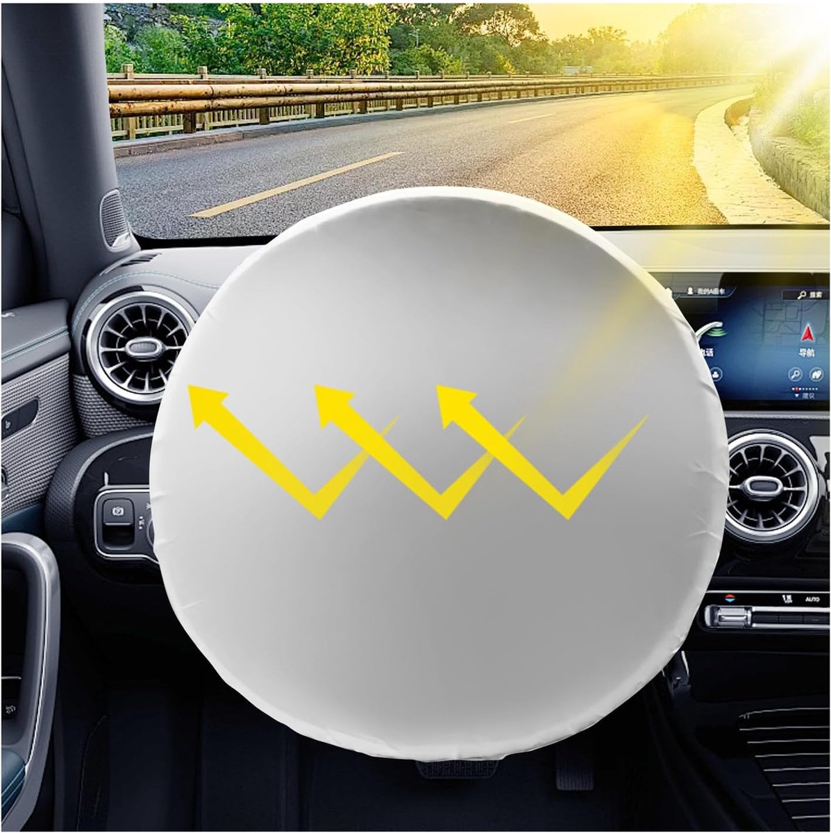 Daity Zonnescherm voor het autostuur – gemaakt van 190T-materiaal – blokkeert zonlicht en beschermt het stuur – geschikt voor stuurwielen met een diameter van 16,54 inch (titaniumzilver).