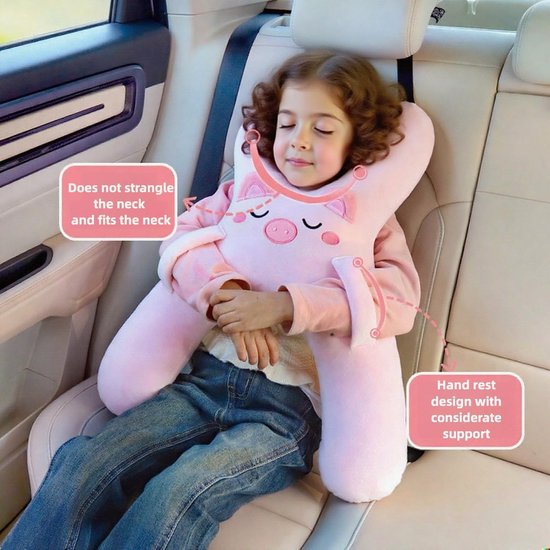 Auto Nekkussen - Autokussen voor Kinderen - Kussen voor Hoofd- en Lichaamsondersteuning - Autostoelkussen voor Kinderen - Schattig Cartoon Reiskussen - Roze Piggy-Stijl - Voor Om In Te Slapen En Voor Langeafstandsreizen — afbeelding 2