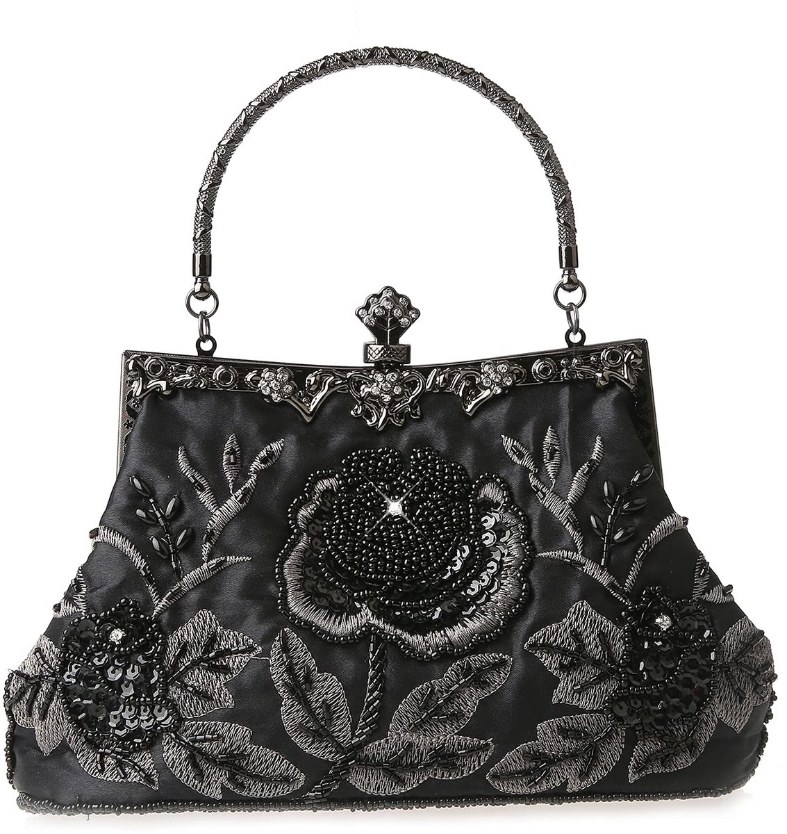 SnelShoppen - Vintage Bloemen Clutch Handtas met Parels en Strass Borduurwerk, Pailletten, Zwart, 22cm x 21cm, Perfect voor Bruiloft, Party, Prom en A
