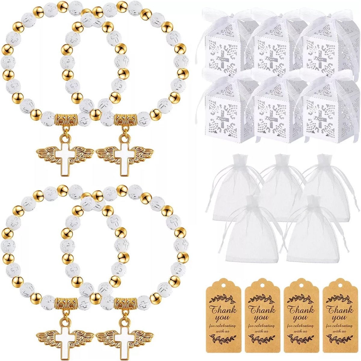 Dailygoods - 80 Stuks Doopgunsten Set - Engel Rozenkrans en Organza Zakken