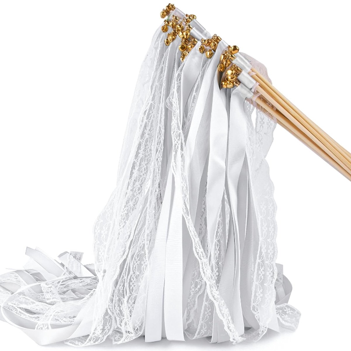 Dailygoods- Bruiloftsstokjes 20 Stuks - Houten Stok 30 cm - Witte Kant - Met Belletjes - Romantische Decoratie - Hoogwaardig Polyester Lint - Decoratiestokjes