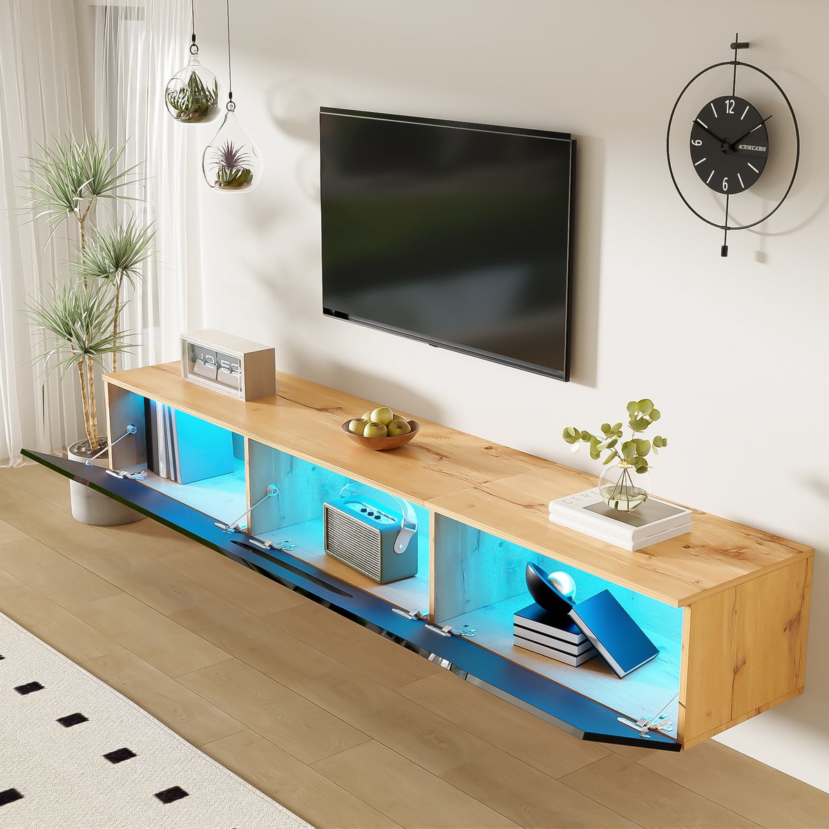 Tv-meubel 180x35x30 cm - hoogglans oppervlak - met LED-verlichting - kan aan de muur worden gemonteerd - houtkleur en zwart