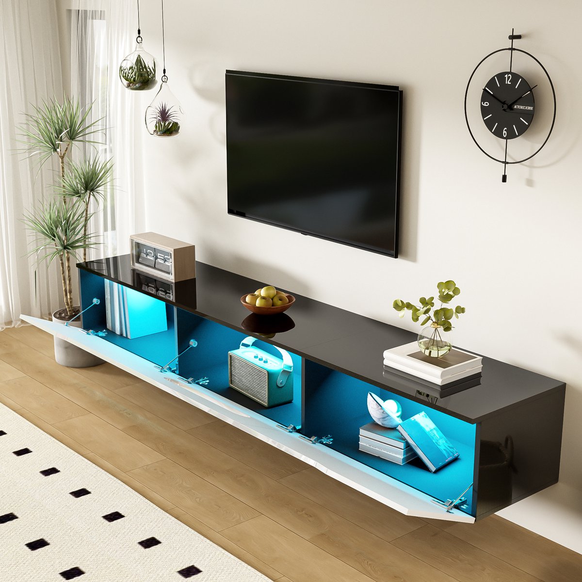 Tv-meubel 180x35x30 cm - hoogglans oppervlak - met LED-verlichting - kan aan de muur worden gemonteerd - wit en zwart
