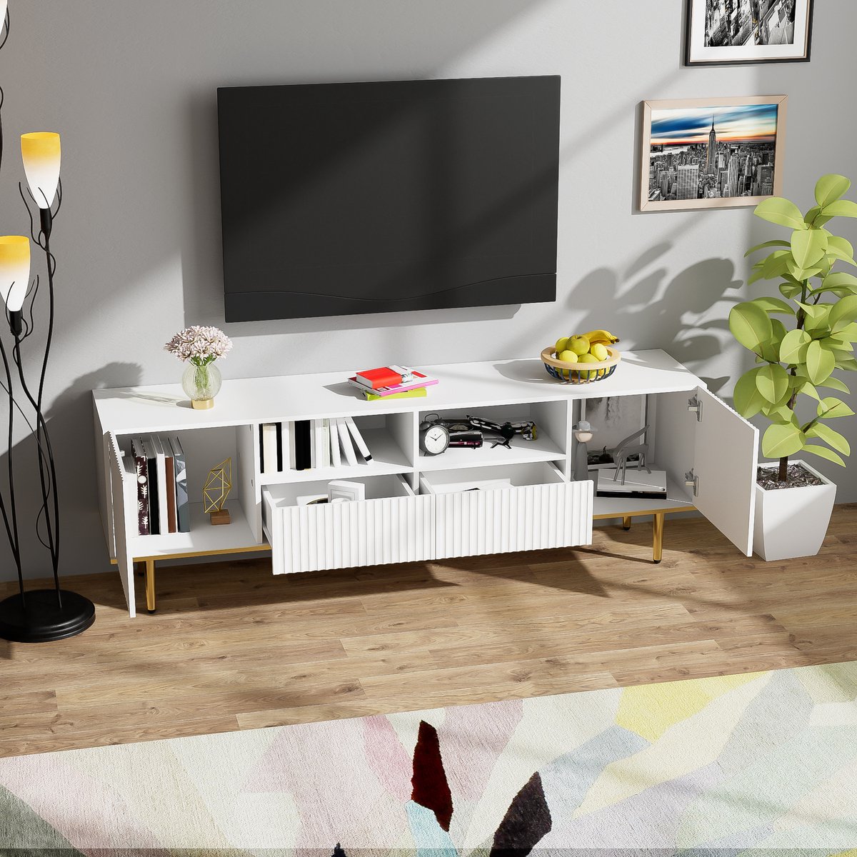 Moderne tv meubel met lade - met gouden poten en gouden omlijsting - wit