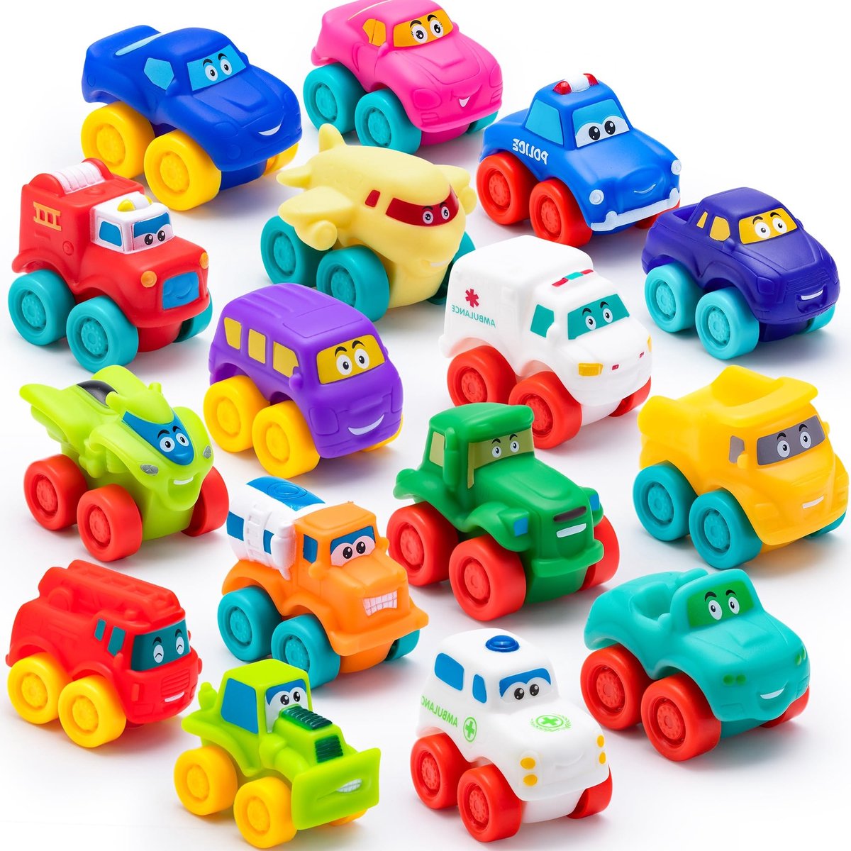 Dailygoods - 16-Delige Cartoon Auto Set - Zachte Rubber Mini Voertuigen voor Kinderen