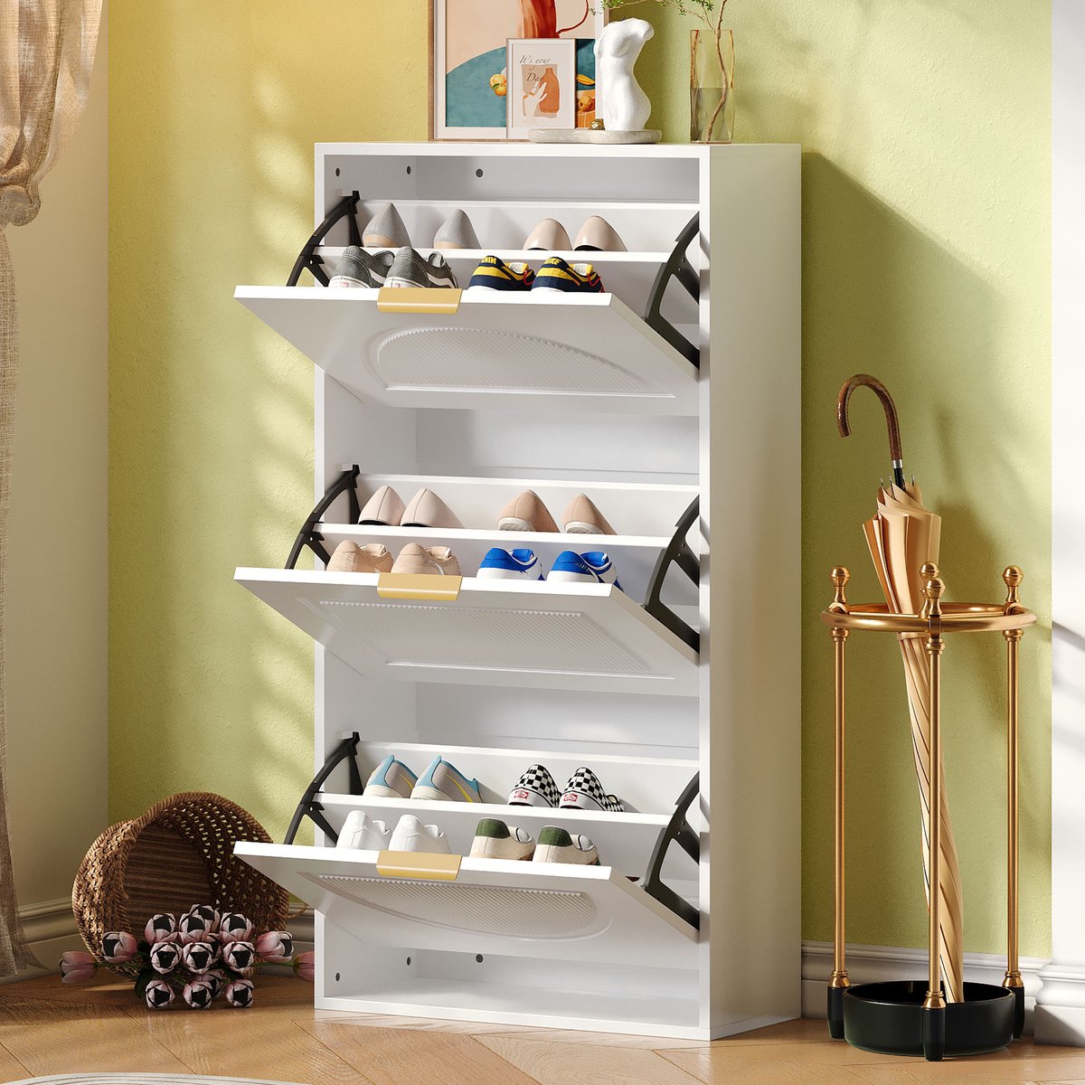 Schoenenkast - Smalle schoenenkipper met 3 klep laden, ruimtebesparend & verstelbare planken - 60x114x24 cm - Wit