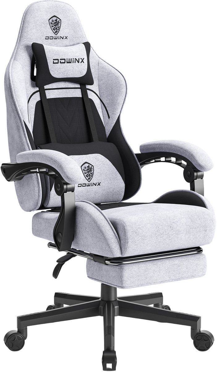 Dowinx Gaming stoel - Ergonomische bureaustoel met voetensteun - Verstelbare gamer stoel met lendenkussen en hoofdsteun - Kunstleer - 90-135° verstelbaar - Zwart grijs